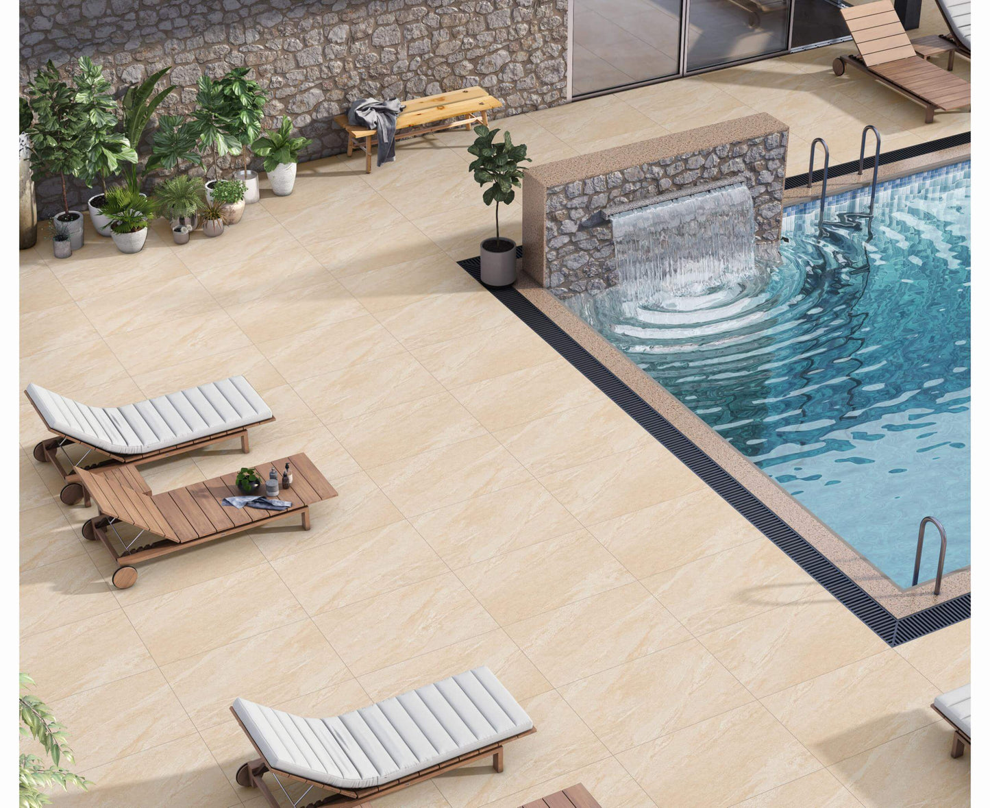 Emberstone Beige paving slabs featuring warm beige and light brown tones with a natural textured finish, ideal for cozy and inviting patios.