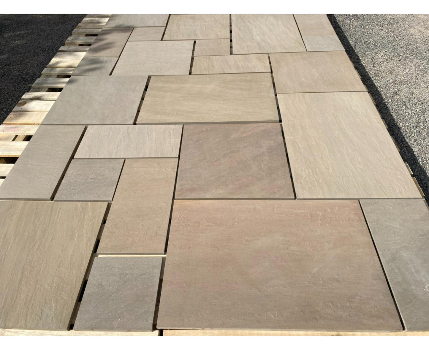 Meadowstone Green patio slab featuring soft green tones and natural stone texture, ideal for blending patios with garden landscapes.