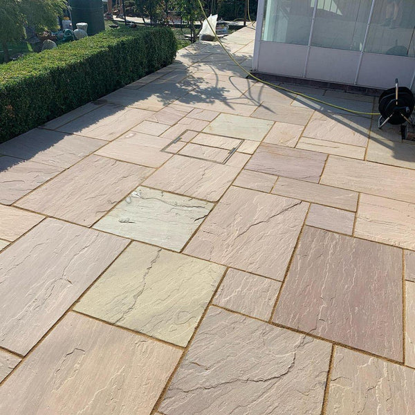 Raj Green Sandstone Patio Slabs – classic hand-cut Indian stone with soft earthy colours