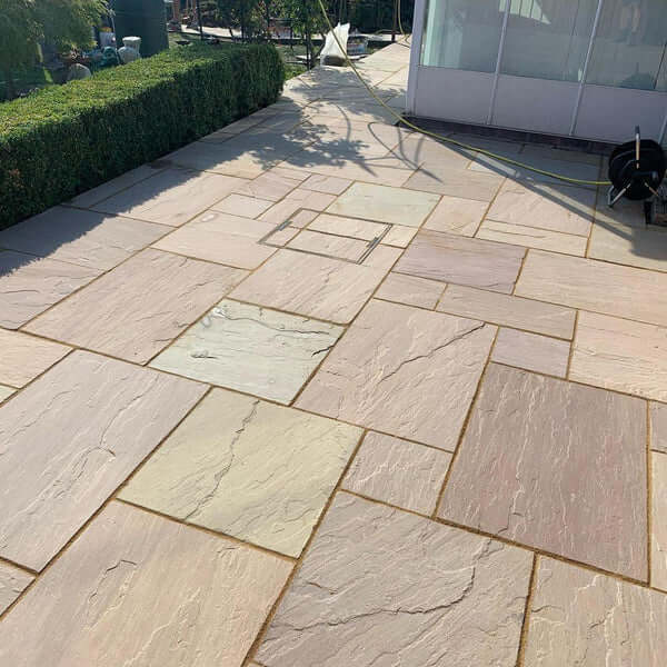 Raj Green Sandstone Patio Slabs β classic hand-cut Indian stone with soft earthy colours