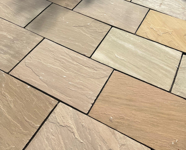 Raj Green Indian Sandstone – traditional paving with green, brown, and grey tones for patios and paths.