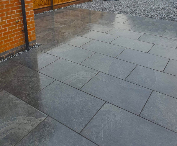 Brazilian Black Porcelain Paving Slabs – sleek black porcelain tiles with a smooth matte finish for modern and low-maintenance patios
