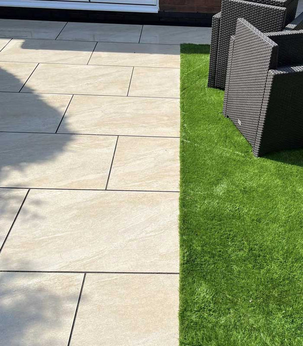 Dome Beige Paving Slabs β warm beige outdoor tiles with a natural textured finish, perfect for classic and elegant patios