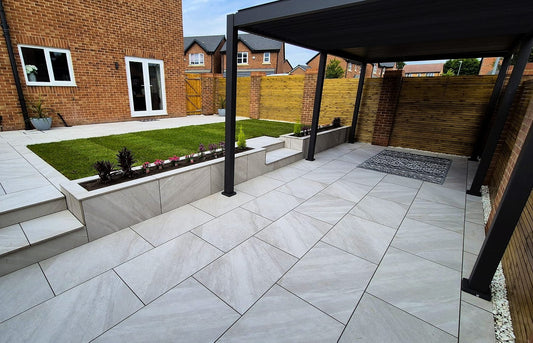 Dome Grey Porcelain Paving Slabs β sleek grey porcelain tiles with a smooth matte finish, perfect for modern and low-maintenance patios