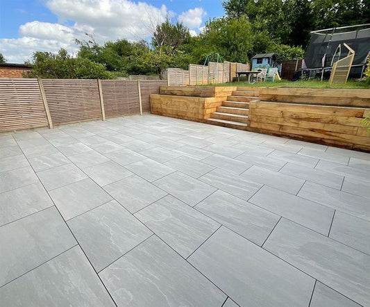 Kandla Grey Porcelain Paving Slabs β soft grey porcelain tiles with a natural stone look, perfect for stylish and durable outdoor patios