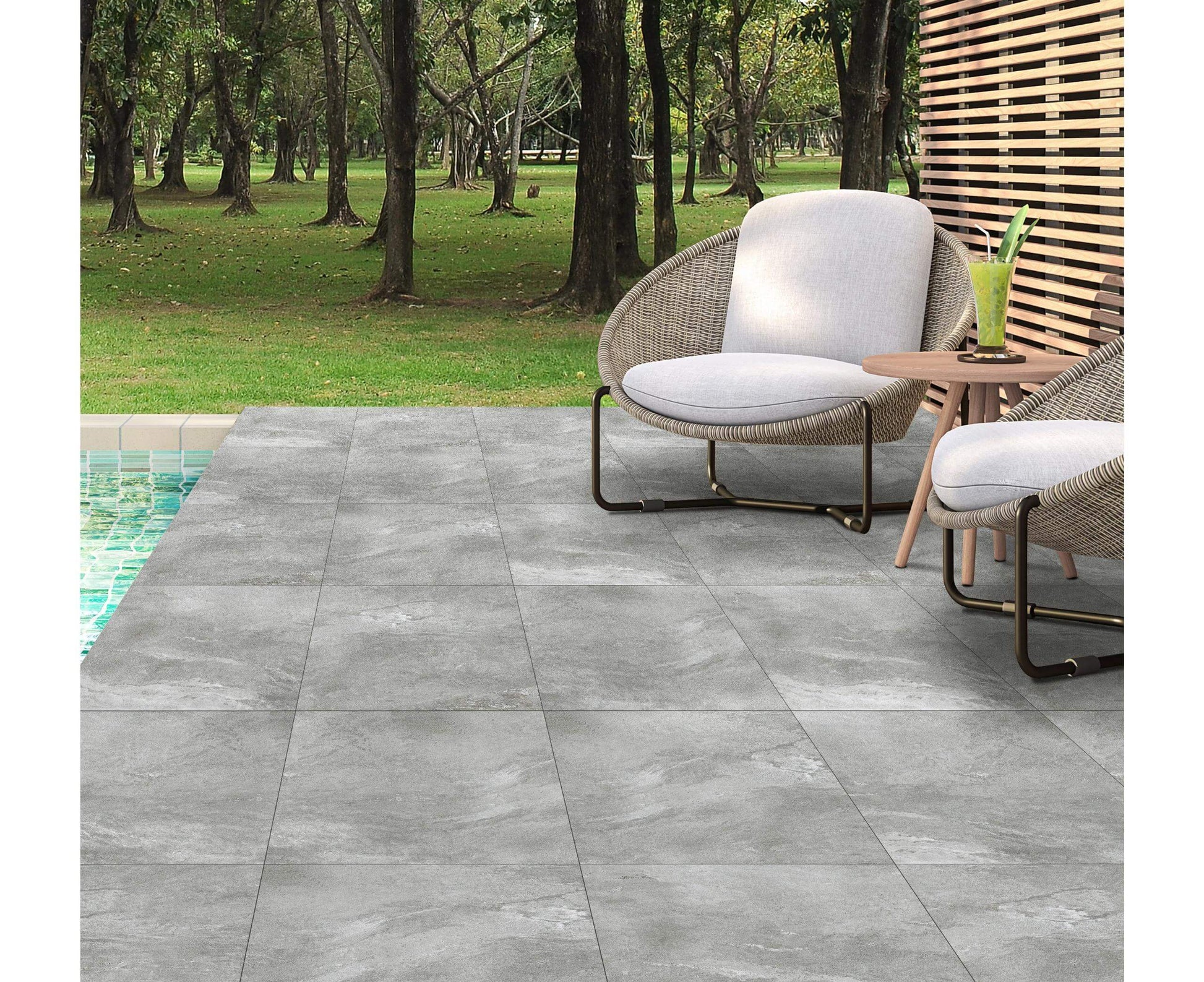 Ashbourne Grey paving slabs featuring cool mid-grey shades with a textured surface, perfect for stylish patios and walkways.