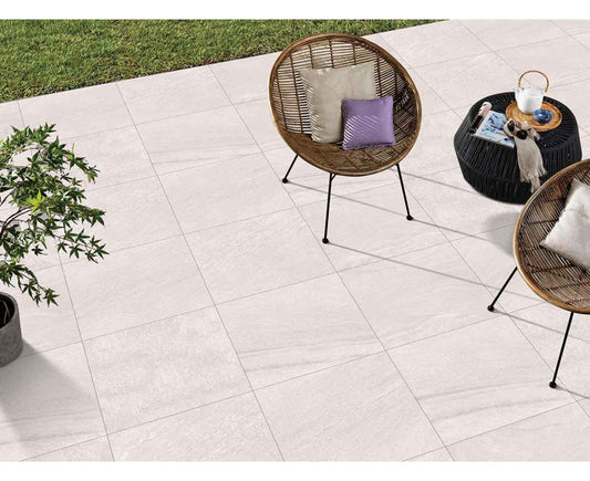 Crystal Pearl paving slabs featuring soft pearly white tones with a smooth natural finish, ideal for elegant and bright patios.