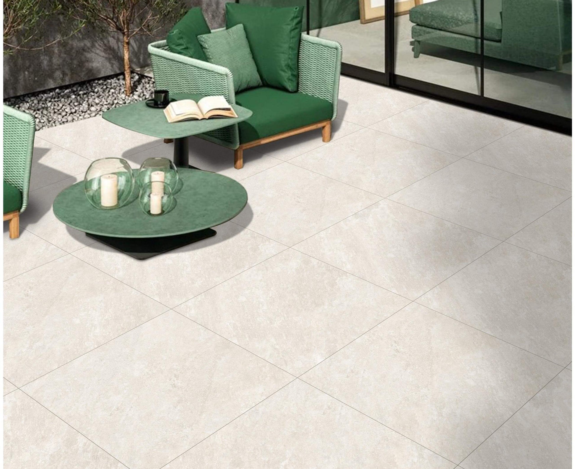 Froststone White paving slabs with crisp white tones and a smooth natural finish, ideal for clean, bright outdoor spaces.