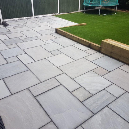 Kandla Grey Sandstone Patio Slabs – stylish Indian sandstone in light and dark grey tones