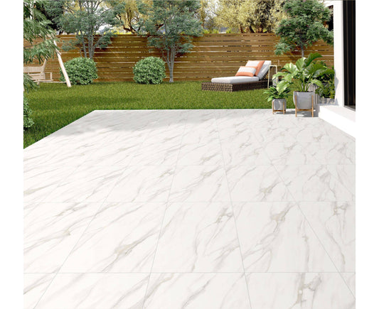 Marble Vale paving slabs with elegant light grey and white veining, featuring a smooth polished finish ideal for sophisticated outdoor spaces.