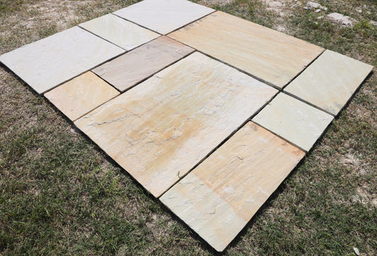Mint Fossil Indian sandstone paving slabs with soft mint tones and subtle fossil patterns, ideal for bright and natural-looking patios or pathways.