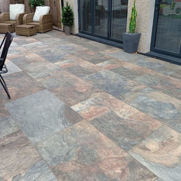 Copper Slate Paving Slabs with rich copper tones, premium paving slabs for patios and gardens