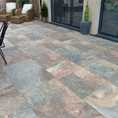 Copper Slate Paving Slabs with rich copper tones, premium paving slabs for patios and gardens