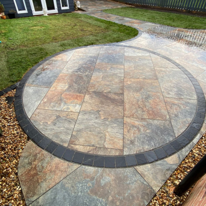 Copper Slate Porcelain Paving Slabs – rich copper and grey tones with a textured finish, perfect for stylish and durable outdoor patios