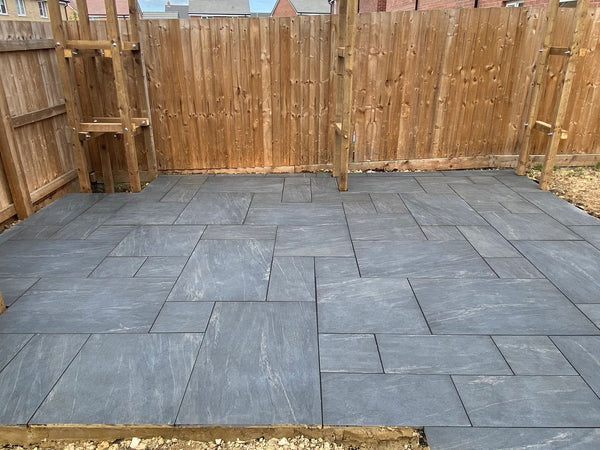 Manchester Midnight Patio Slab – deep charcoal outdoor tiles with a smooth textured finish, ideal for contemporary patios and garden areas