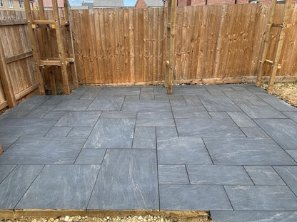 Manchester Midnight Patio Slab – deep charcoal outdoor tiles with a smooth textured finish, ideal for contemporary patios and garden areas