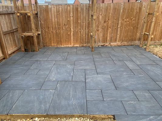 Manchester Midnight Patio Slab – deep charcoal outdoor tiles with a smooth textured finish, ideal for contemporary patios and garden areas