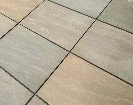 Raj Green Patio Slabs showcasing natural green tones and smooth finish, ideal for patios and outdoor spaces